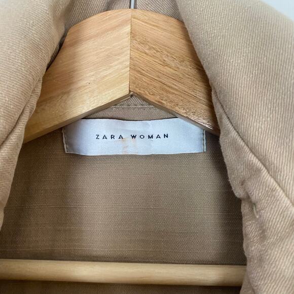Zara Woman Tan 100% Cotton Asymmetric Zip Collared Jacket Size M - Picture 6 of 12